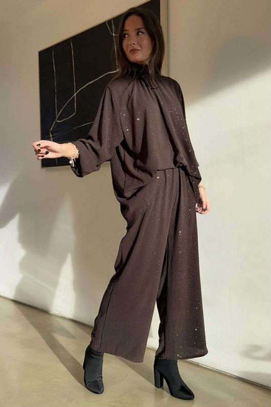 Suki Night Sky Shirring Neck Blouse Chocolate